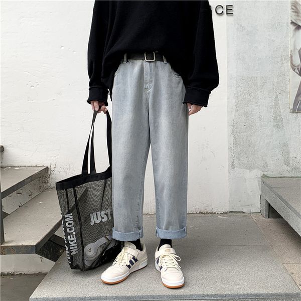 

autumn and winter light blue loose jeans japanese retro wide leg pants korean fashion all-match straight long pants men, White;black