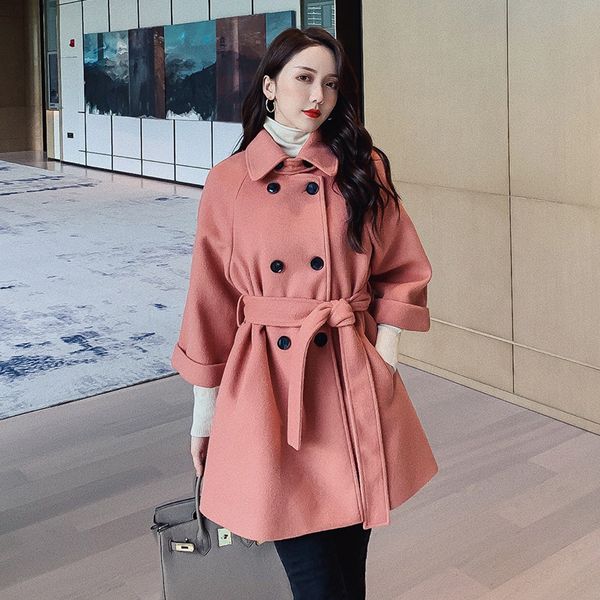 

korean version slim coat women woolen 2019 autumn winter new long waist lace up coat woolen female pink winter clothes, Black