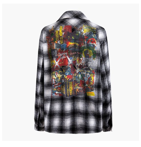 

2019 fashion front zip placket irregular large pocket personality back print long sleeve shirt, White