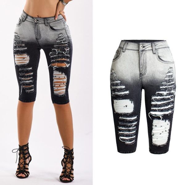 

womens middle rise stretchy denim shorts knee length stretch short jeans retro distressed summer pencil pants, Blue