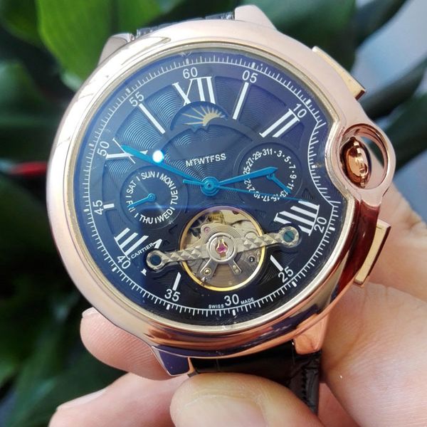 

новое прибытие мужские часы топ бренд все суб-циферблаты работы роскошный кожаный ремешок часы механические автоматические наручные часы для, Slivery;brown