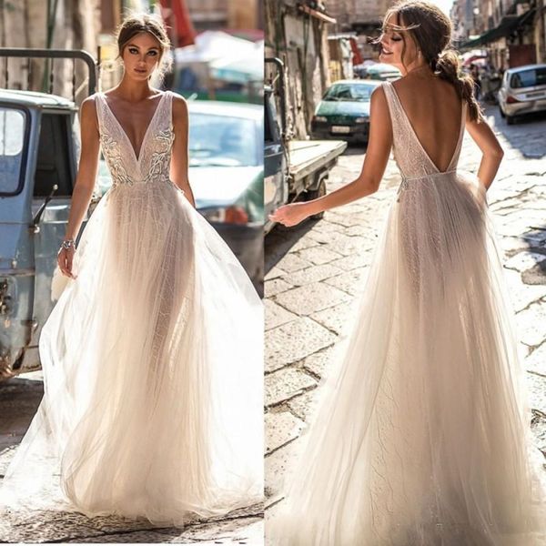 Berta Sposa 2024 Abiti da sposa in pizzo Backless profondo scollo a V Appliqued in pizzo Boho Abiti da sposa Corpetto illusione Abito da sposa in tulle