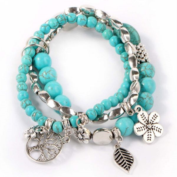 

wholesale 10 pcs silver plated leaf flowr connect green turquoise stone stretchy bracelet for women fashion jewelry, Black