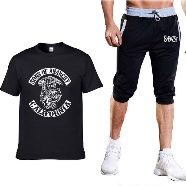 

new sons of anarchy skull cosplay costume mens t-shirt print solid color cotton short sleeve mens t shirts+pants suit m