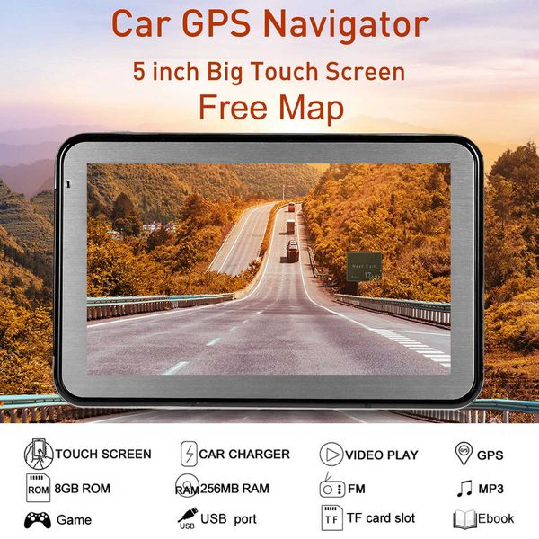 

car portable gps navigation 128m 8gb fm video player 5 inch car navigator with back support +map hd touchscreen smart voice
