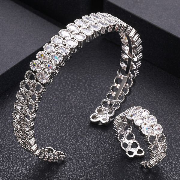 

jankelly luxury unique african bangle ring set jewelry sets for women wedding cubic zircon crystal cz dubai bridal jewelry set, Silver