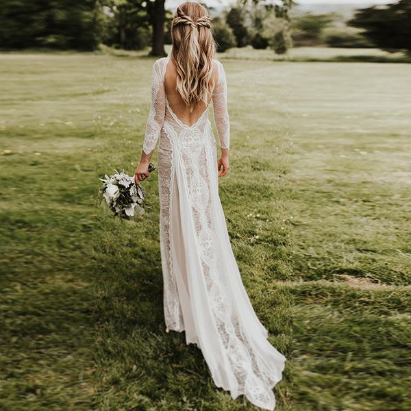

свадебные платья с длинными рукавами boho 2019 изысканное кружево с открытой спиной шикарное свадебное платье свадебные платья robe de maria, White