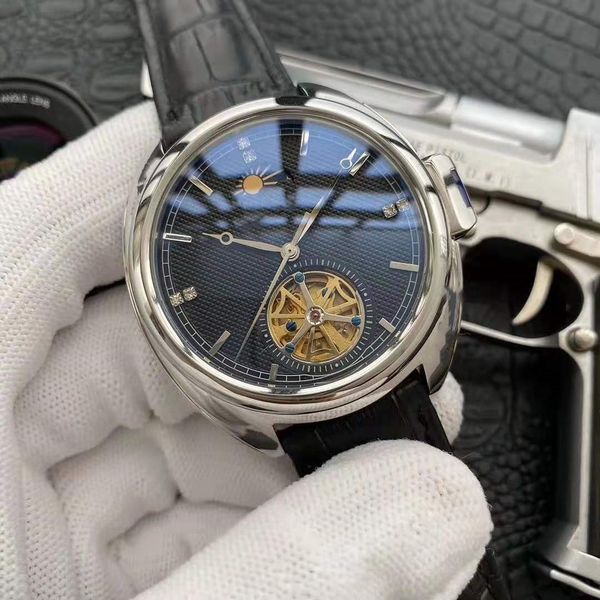 

2019 fashion swiss watch leather strap 3-pin tourbillon automatic wristwatch men's mechanical steel watch relegio bell, Slivery;brown