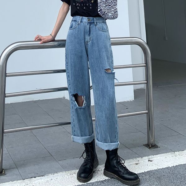 

women's jeans summer thin ripped for women denim high waist wide leg pants long plus size hole zipper distressed trousers 2021, Blue