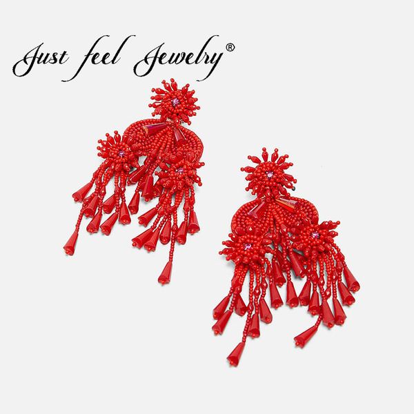 

just feel boho fringe drop dangle earring for women vintage ethnic statement charm big red tassel earrings fashion jewelry, Silver