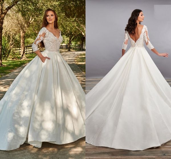 Dreiviertel-V-Ausschnitt-Prinzessin-Hochzeitskleid, Empire-Taille, V-Ausschnitt, Illusion, Spitze, Applikation, Perlen, drapiert, Ballkleid, Hochzeitskleid, Brautparty