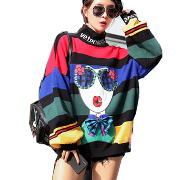 

autumn turtleneck rainbow stripes sweaters women streetwear miss print knitted pullovers ladies bow-knot loose jumper, White;black