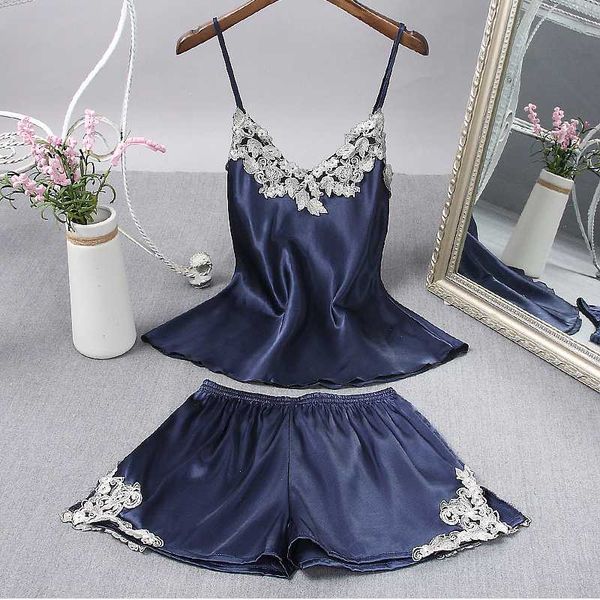 

drop ship summer pajama women ice silk suspender pajama lace home wear two suits elegant sweet sleepwear, Blue;gray