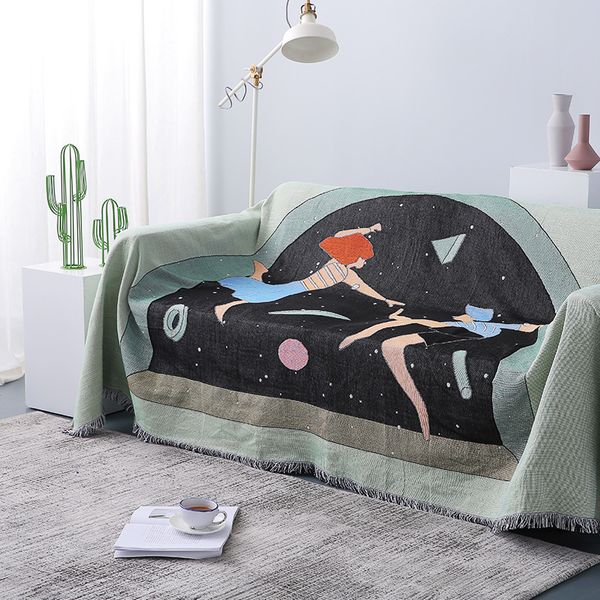 

muze-u] space couple sofa blanket green pink home decorative tassel sofa cover travel l airplane portable thread blanket