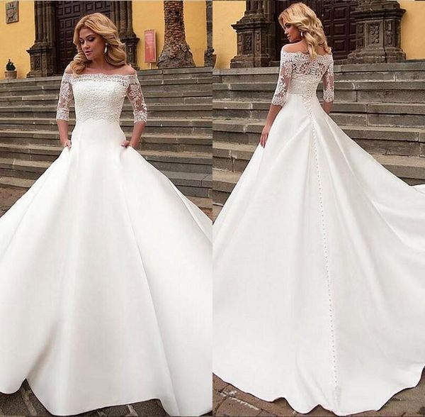 

2021 elegant white a-line wedding dress off shoulder short sleeve lace appliques back button bridal dresses
