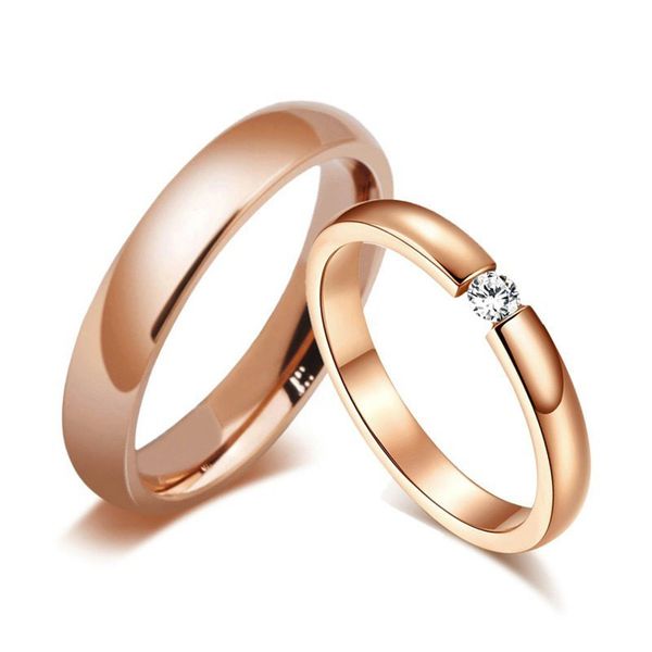 Brilhante na moda 585 Rose Gold Tone anéis de noivado para casais de aço inoxidável com CZ Stone Homens Mulheres Wedding Bands