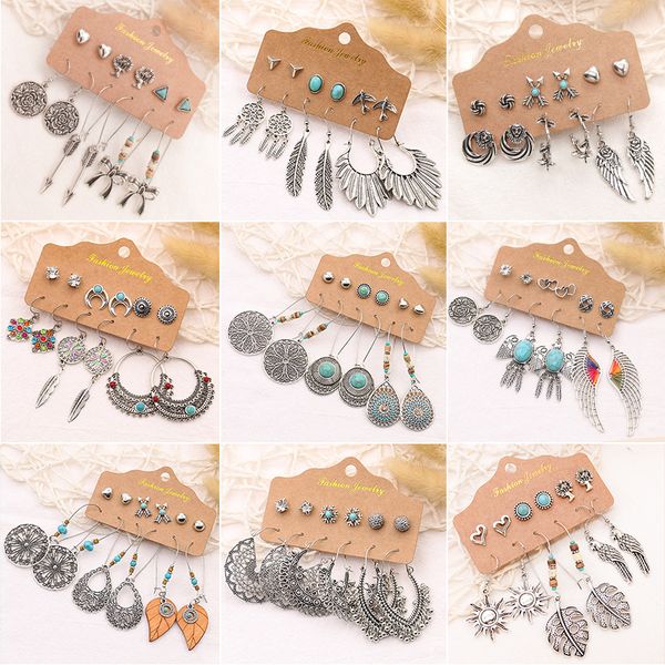 

earsix-piece bohemian dangle earrings set for women ethnic style vintage silver color leaves wings swallow cross boho earring
