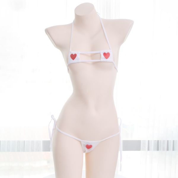 

women halter neck cute mini three point bikini strappy lingerie set micro g-string and bra heart embroidery square cup, Red;black