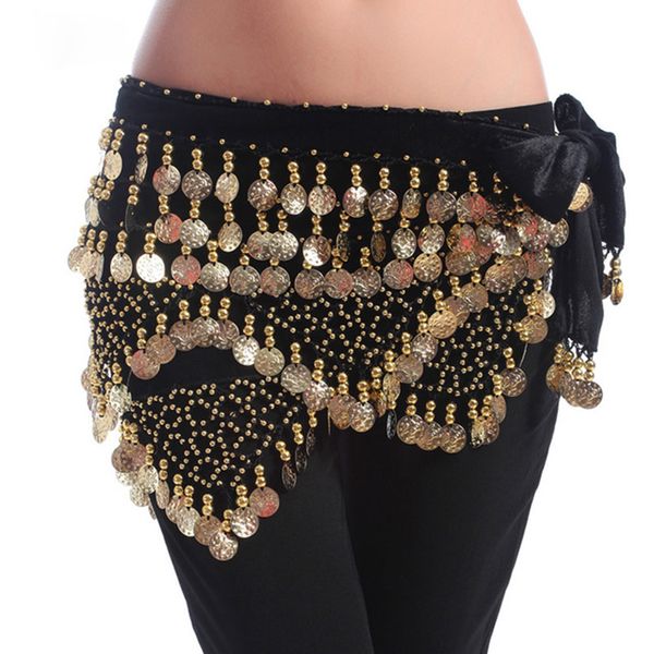 

dancewear women practice clothing triangle hip scarf colorful rhinestone adjustable fit 300 gold coins belly dance, Black;red