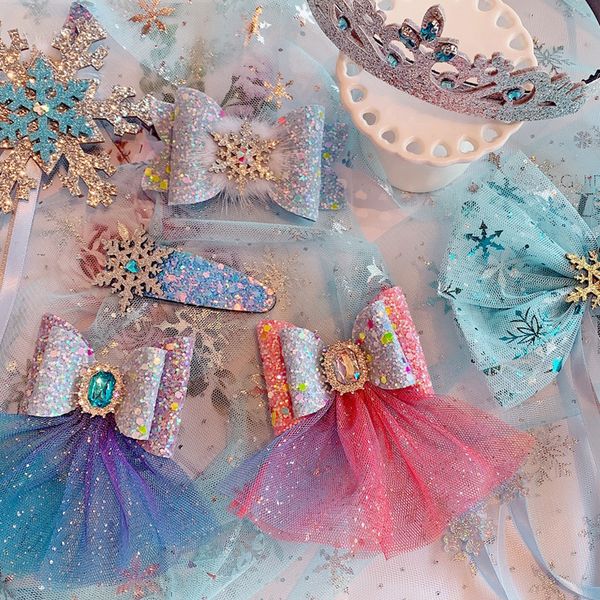 

5pcs/lot christmas glitter snowflake hair bows for girls handmade double layered hairgrips dance party girls hair accessories, Slivery;white