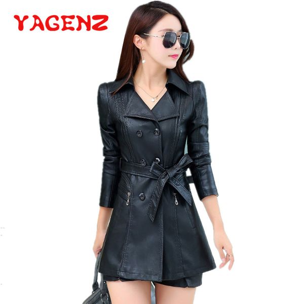 

yagenz pu leather jacket women basic long coats cardigan women windbreaker coat spring double-breasted leather jacket woman 387, Black
