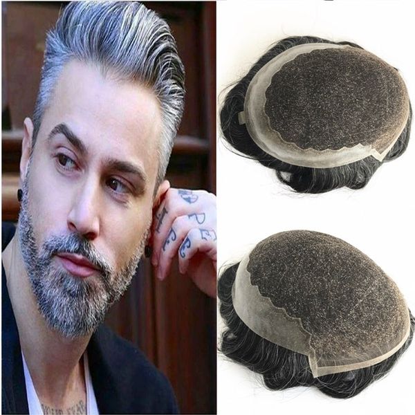 Acheter Gris De Cheveux Humains Hommes Toupet Français Dentelle Avec Poly Toupee Pour Hommes Postiche Système De Remplacement De Cheveux Système De