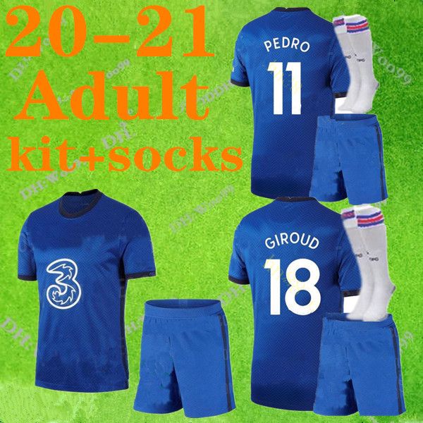 

kit+ socks 2020 kante soccer jerseys giroud 2020 2021 higuain jorginho home fabregas morata pedro 7 kante men sets football shirts, Black