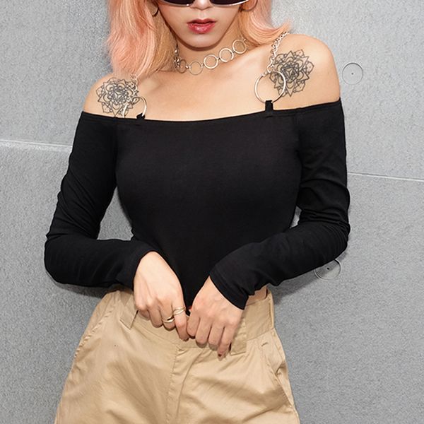

knitted slash neck tshirt women long sleeve tshirt ladies solid color streetwear for ladies iron chain tee shirt, White