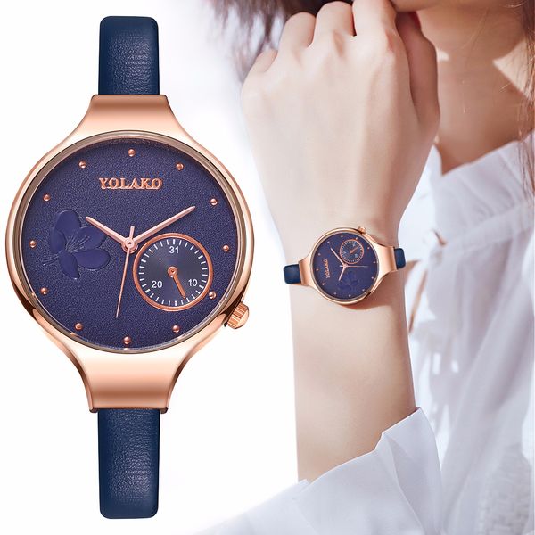 

yolako brand women fashion blue quartz watch lady leather flower watch casual wristwatches gift clock, Slivery;brown