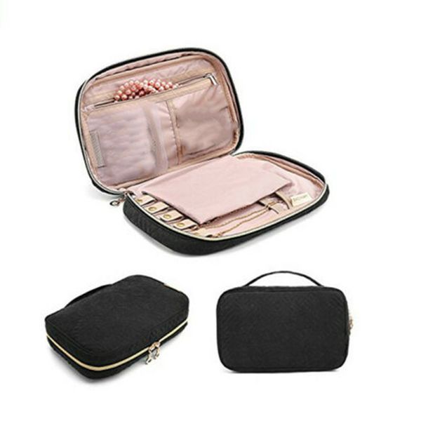 

portable women makeup organizer jewelry stud earrings necklace ring bracelet bag travel make up zipper case accessories supplies, Pink;blue