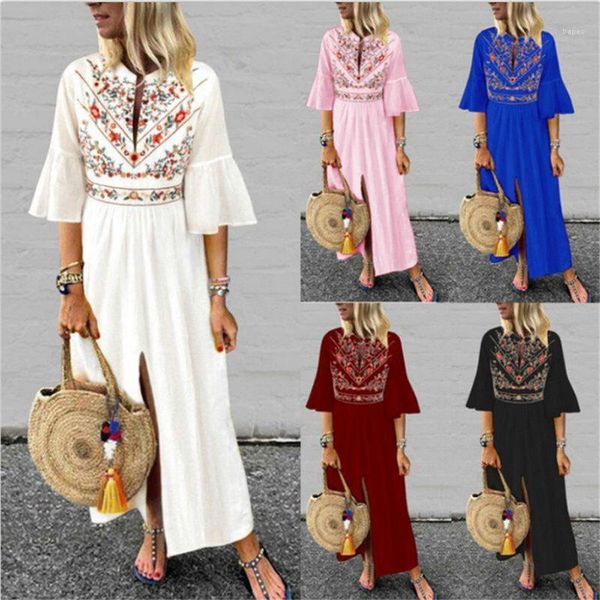 

sleeved stitching a line dress famale clothing womens ethnic style printed dress summer casual loose mid, Black;gray