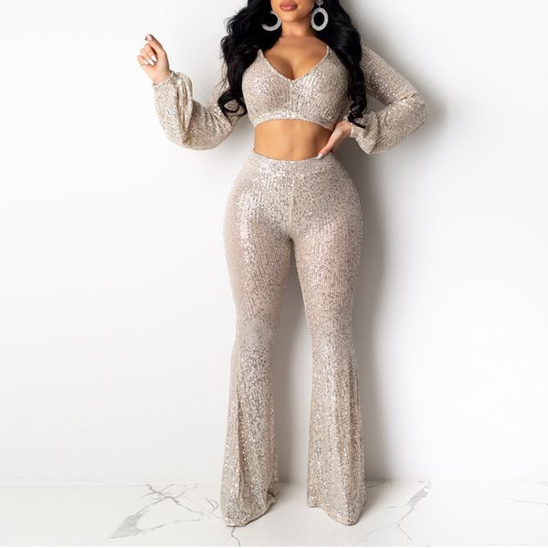 

glitter sequin club woman party autumn clothes long sleeve and flare long pants two piece set women ensemble femme suit, White