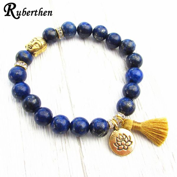 

ruberthen 8 mm lapis lazuli tassel bracelet womens buddha head yoga mala bracelet spiritual powerful energy, Black