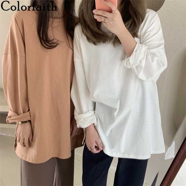 

colorfaith new 2020 women spring loose t-shirts solid bottoming long sleeve casual korean minimalist style triko tees t601, White