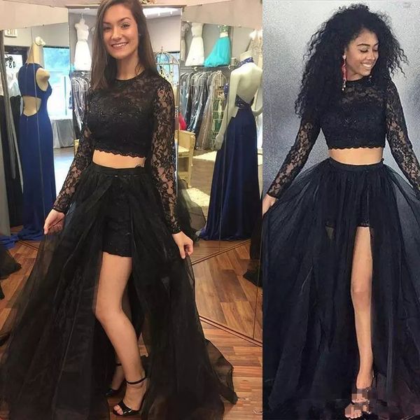 

2 pieces black prom dresses long sleeves lace high split tulle skirt floor length evening party gowns plus size customize