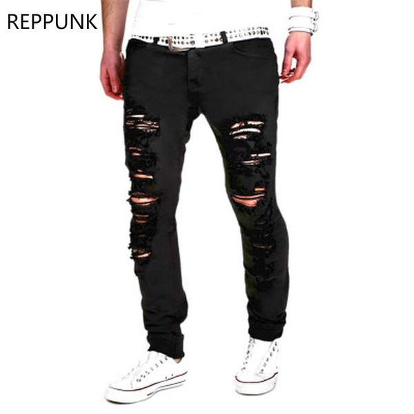

fashion 2018 new ripped holes designer brand jeans hip hop rock slim fit men broken demin destroy biker black swag pants, Blue