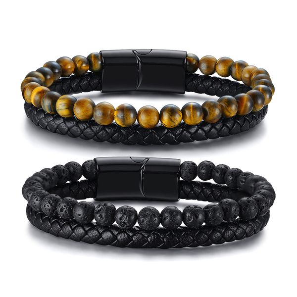 

braided black double leather & lava stone bead mens bracele vintage casual jewelry, Golden;silver