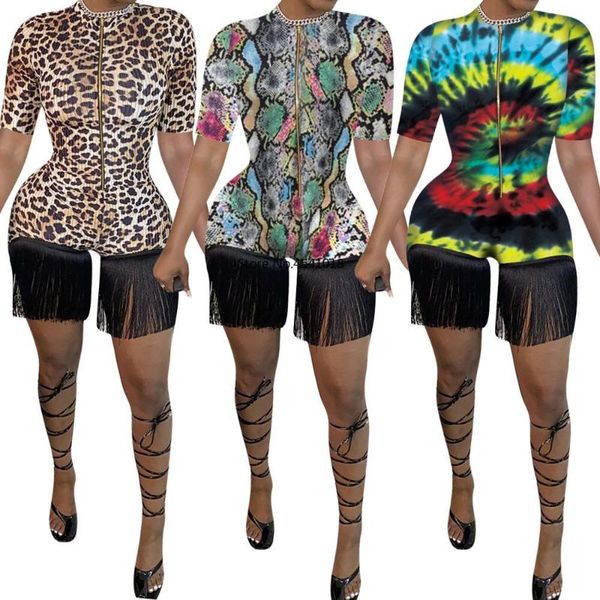 

женщины повседневная комбинезон o-образным вырезом с коротким рукавом молнии up leopard print rompers summer sexy кисточкой street club one, Black;white