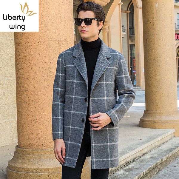 

new mens british plaid slim fit wool coat long sleeve winter woolen blends overcoat single button business casual jacket, Black
