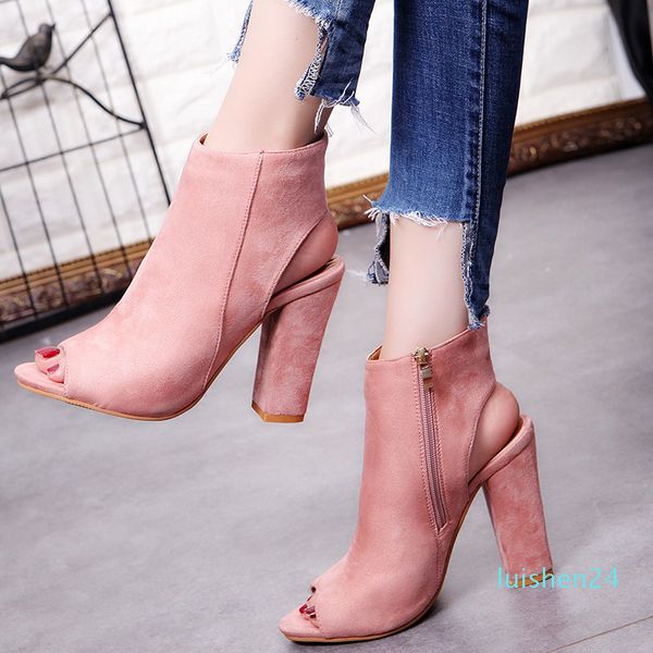 

2019 fashion women's peep toe summer open toe pumps casual faux suede ankle boots thick high heels peep toe women pumps sandals l24, Black