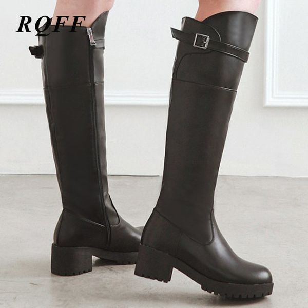

black plus size new autumn winter knee-high boots women fashion high heel shoes woman for black platform solid pu boot 10 buckle