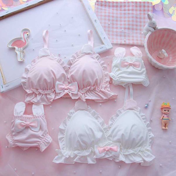 

japanese girl heart soft ears no rim underwear set loli student cute soft sister lolita triangle cup bra set, Red;black