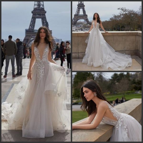 

julie vino 2019 new backless wedding dress v neck appliqued bridal gowns custom vestido de novia sweep train castle wedding gowns cheap, White
