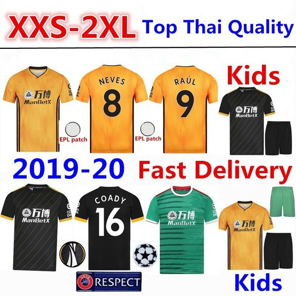 

Вулверхэмптон футбол Джерси Tshirt 2019/20 Raul Home Kit Волки с длинным рукавом рубашки футбола Коуди Tshirt взрослых Рубашка мужская Детский комплект
