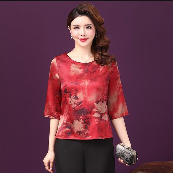 

2019 summer clothes women's middle t-shirt clothing sleeve t-shirt silk xiangyun yarn colorful round collar mulberry silk clothing, White
