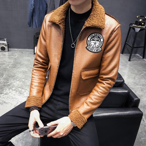 

thick winter coats mens velvet leather jackets mens badge bomber jackets for biker man kahaki motorcycle fur for men, Black