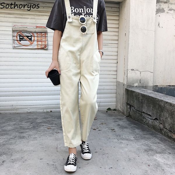 

jumpsuits women korean style loose students thin casual womens jumpsuit strap denim all-match simple trousers chic solid, Black;white