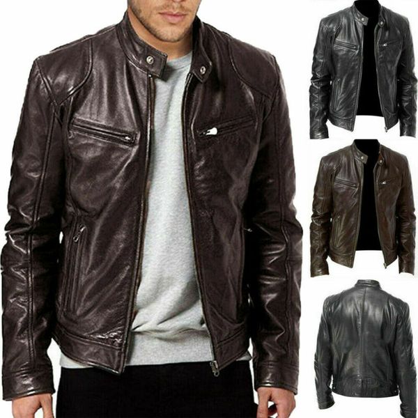

brown/black fashion men long sleeve leather slim zipper solid color stand collar autumn winter casual moto biker jacket coat, Black;brown