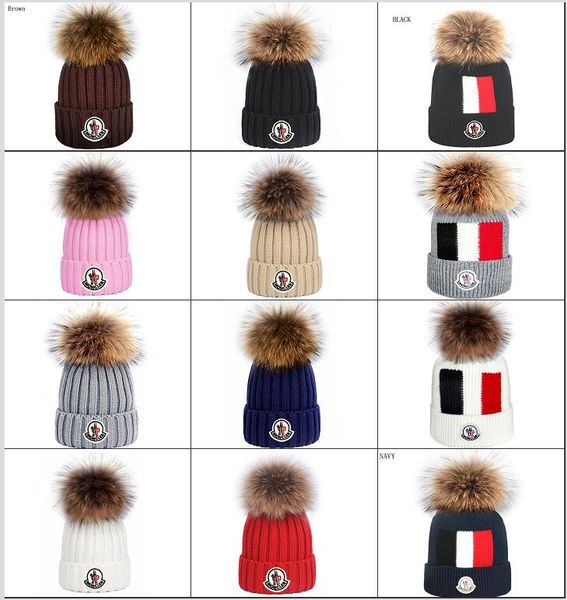 

2020 men's canada monc cuffed beanie hats with real fur funny pom knitted beanie wool warm women knit bonnet beanies knit hat, Blue;gray