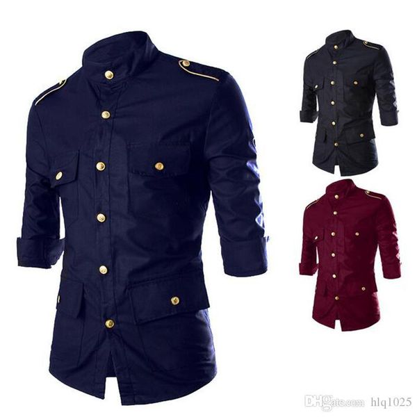 

new men's wear shoulder decoration black three quarter sleeves shirt slim men's solid color square collar shirts